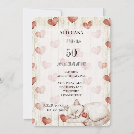 Red Cream Hearts Faux Wood Cat Birthday Kaart (Voorkant)