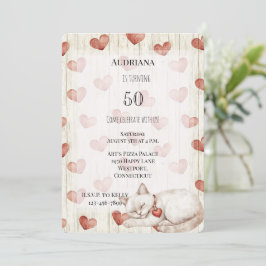 Red Cream Hearts Faux Wood Cat Birthday Kaart