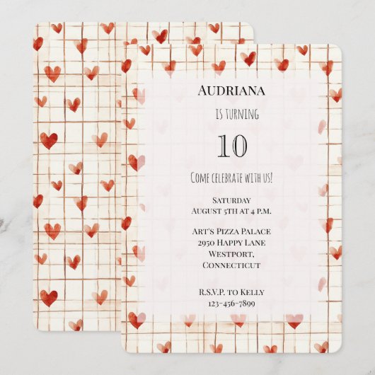 Red Cream Hearts Lines Verjaardag Kaart (Voorkant / Achterkant)