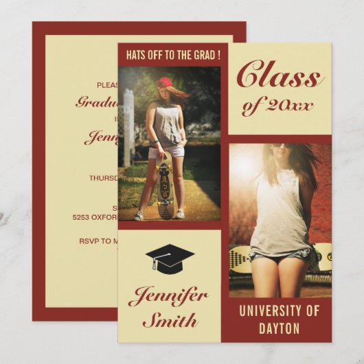 Red Cream Modern Photo Graduation Party Uitnodigen Kaart (Voorkant / Achterkant)