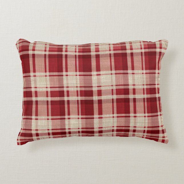 Red Cream Plaid Stripes Accent Kussen (Voorkant)