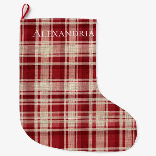 Red Cream Plaid Stripes Grote Kerstsok (Voorkant)