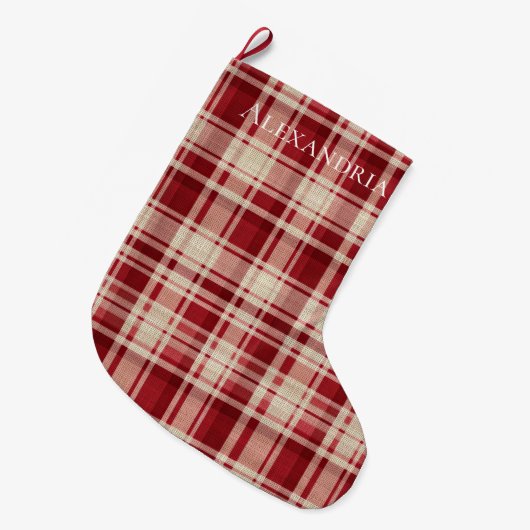 Red Cream Plaid Stripes Grote Kerstsok (Voorkant (Hangend))