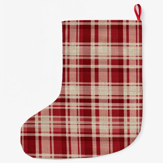 Red Cream Plaid Stripes Grote Kerstsok (Achterkant)