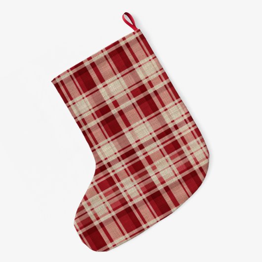 Red Cream Plaid Stripes Grote Kerstsok (Achterkant (Hangend))