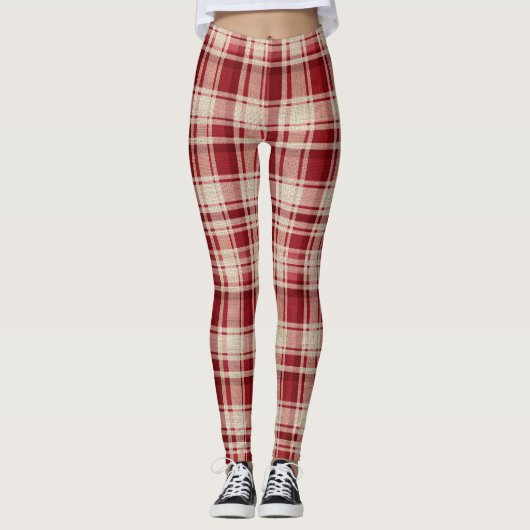 Red Cream Plaid Stripes Leggings (Voorkant)