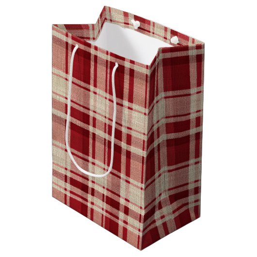 Red Cream Plaid Stripes Medium Cadeauzakje (Voorkant Gekanteld)