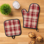 Red Cream Plaid Stripes Ovenwant & Pannenlap Set (Top down)