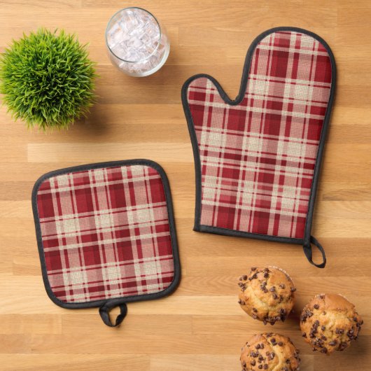 Red Cream Plaid Stripes Ovenwant & Pannenlap Set (Top down)
