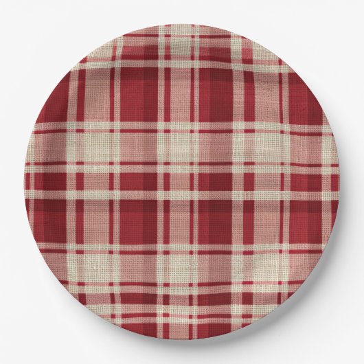 Red Cream Plaid Stripes Papieren Bordje (Voorkant)