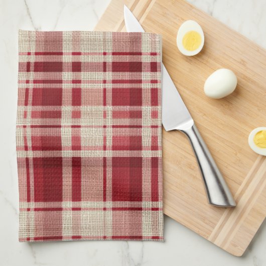 Red Cream Plaid Stripes Theedoek (Quarter Fold)