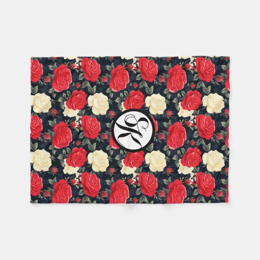 Red & Cream Roos Monogram met patroon Fleece Deken (Voorkant (Horizontaal))