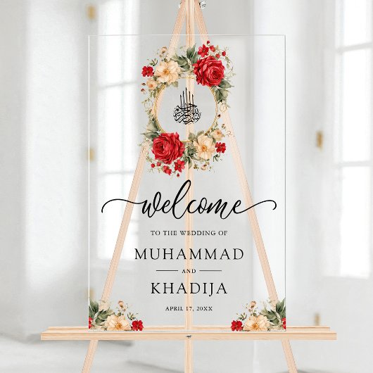 Red Cream Roses Muslim Wedding Welcome Acryl Bord