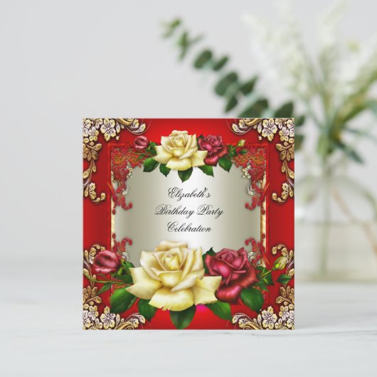 Red Cream Rozen Gold Elegant Birthday Kaart (Staand voorkant)