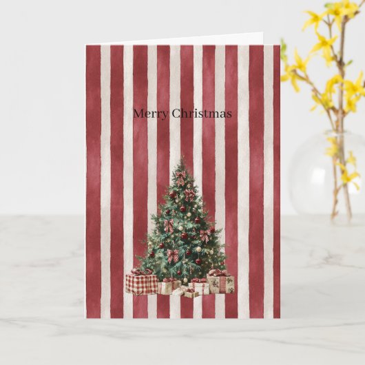 Red Cream Stripes Christmas Tree Kaart (Gele Bloem)