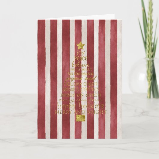 Red Cream Stripes Gold Merry Christmas Tree Kaart (Voorkant)