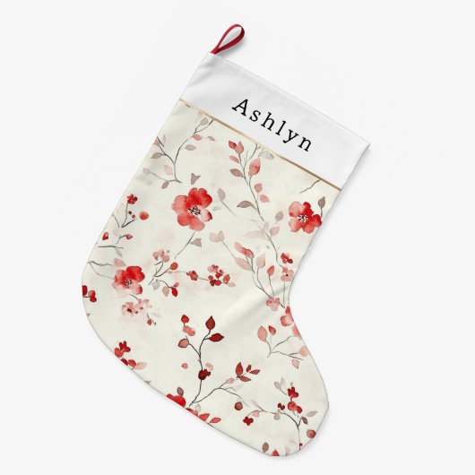 Red Cream White Floral Christmas   Grote Kerstsok (Voorkant (Hangend))