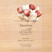 Red Cream White Hearts Balloons Birthday  Acryl Uitnodigingen (Voorkant)