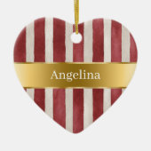 Red Cream White Stripes Gold Ribbon Christmas Keramisch Ornament (Voorkant)