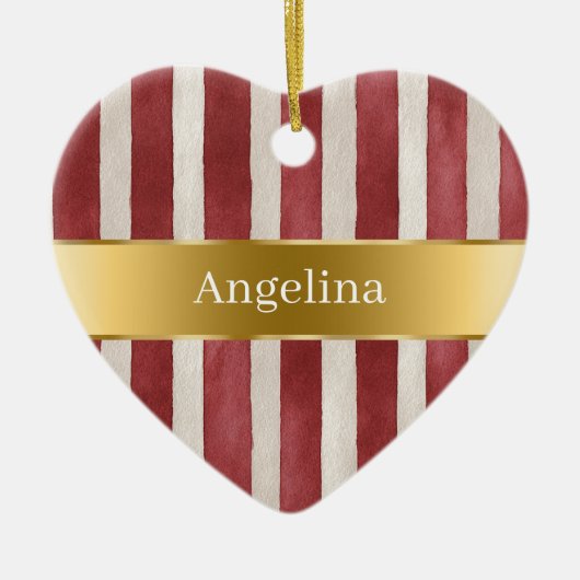 Red Cream White Stripes Gold Ribbon Christmas Keramisch Ornament (Voorkant)