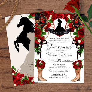 Red Crest Charro Westerne Rozen Floral Quinceanera Kaart