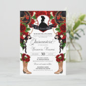Red Crest Charro Westerne Rozen Floral Quinceanera Kaart (Staand voorkant)