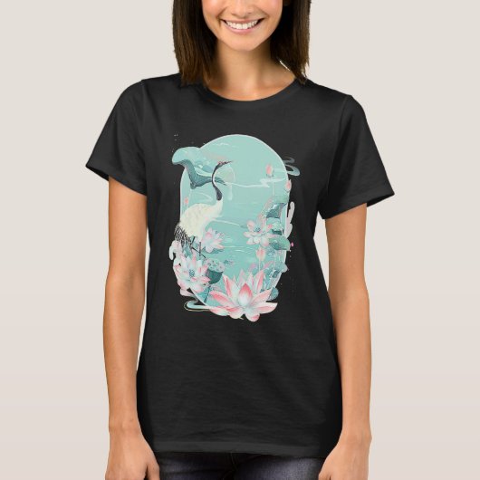 Red Crowned Crane Bird Water Lily Lotus Flower Chi T-shirt (Voorkant)