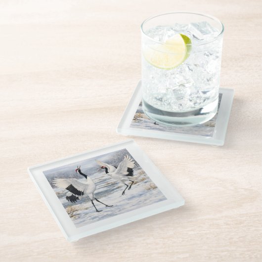 Red-crowned Cranes in Winter Glazen Onderzetter (Schuin)