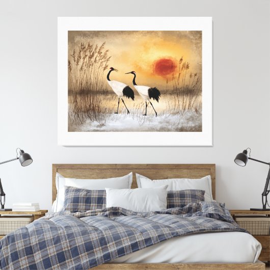 Red crowned cranes, watercolor artwork, canvas afdruk (Insitu (Slaapkamer))