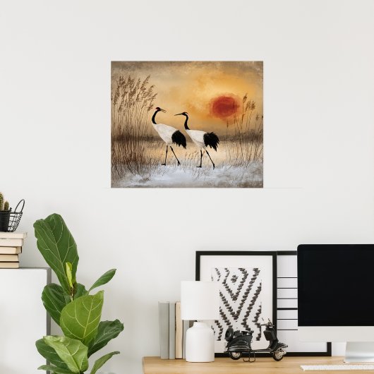 Red crowned cranes, watercolor artwork, poster (Thuiskantoor)