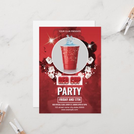 Red Cup Party Flyer Sjabloon | bewerkbare uitnodig Kaart (Voorkant / Achterkant in situ)