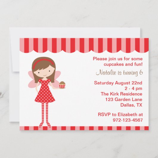 Red Cupcake Fairy Birthday Party Invitation Kaart (Voorkant)