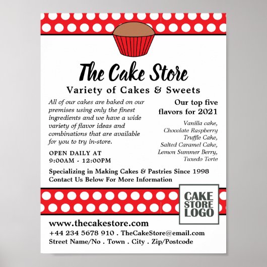 Red Cupcake & Polka Dot, Cake Store Adverteren Poster (Voorkant)