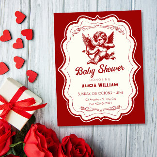 Red cupid angel baby shower kaart