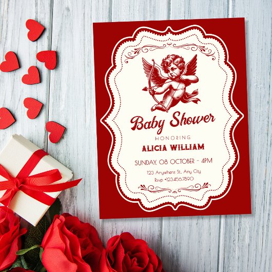 Red cupid angel baby shower kaart
