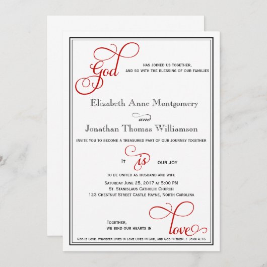Red Curly Script God is Liefde Christelijk Bruilof Kaart (Voorkant / Achterkant)