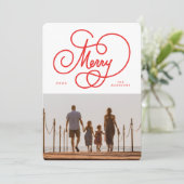 Red Cursive Colorful Merry Flourish Photo  Feestdagenkaart (Staand voorkant)