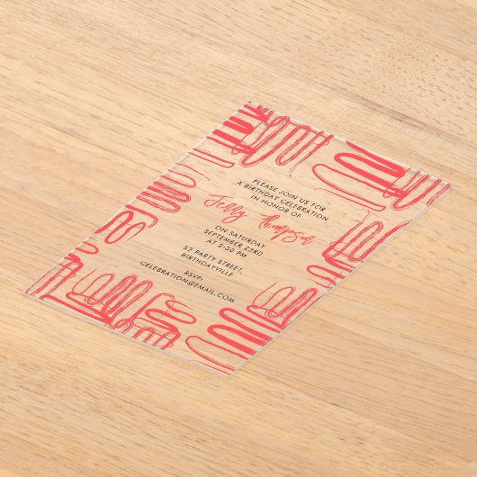 Red Curve Wavy Squiggle Abstract Birthday Party Acryl Uitnodigingen (Laagn)