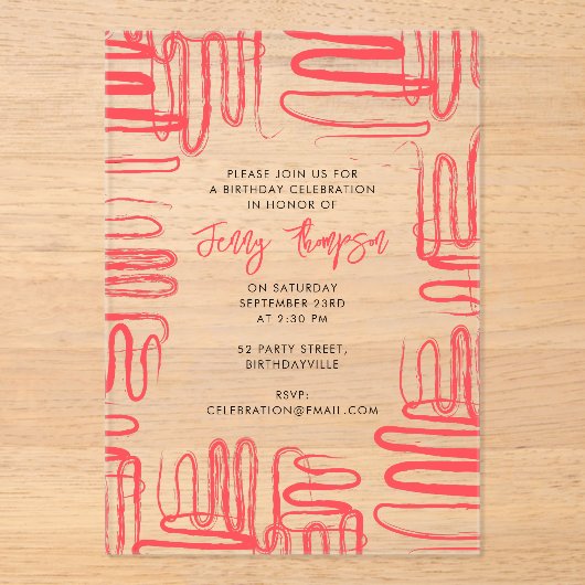 Red Curve Wavy Squiggle Abstract Birthday Party Acryl Uitnodigingen (Voorkant)