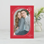 Red Curved Lijst Snowflake Foto Feestdagenkaart (Staand voorkant)