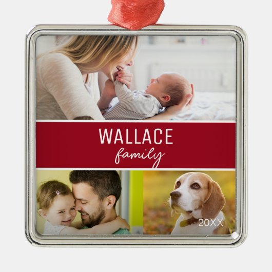 Red Custom Family-fotocollage kerst Metalen Ornament (Voorkant)