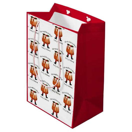 Red Custom Fun Pudding Merry Kerstmis Medium Cadeauzakje (Achterkant Gekanteld)