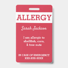 Red Custom Kinder Food Allergy Alert Persoonlijk Badge