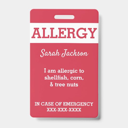 Red Custom Kinder Food Allergy Alert Persoonlijk Badge (Voorzijde)
