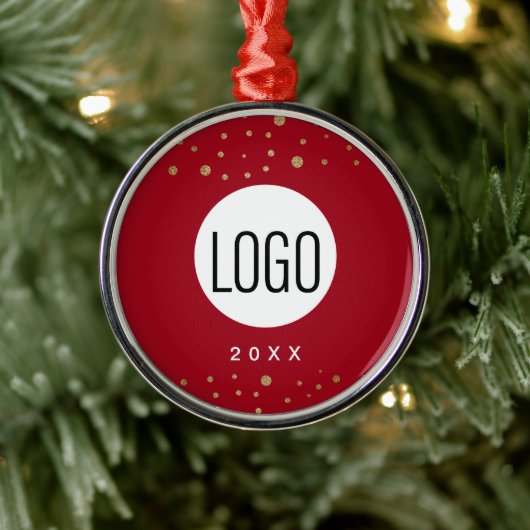 Red Custom Year Je Logo Gold Confetti Metalen Ornament (Boom)