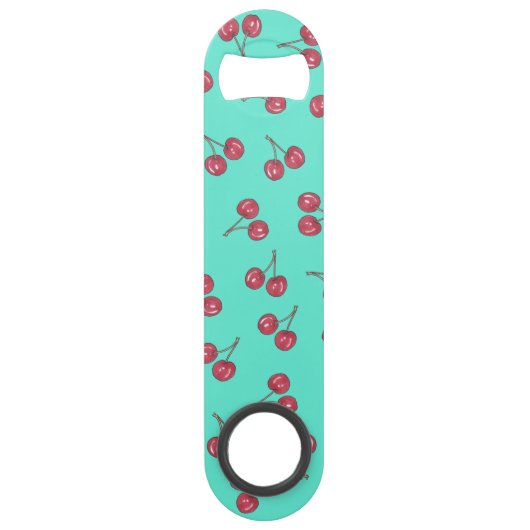 Red Cute Cherry Illustration Pattern Bright Blauwg Speed Flessenopener (Achterkant)