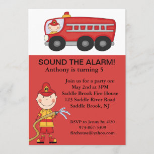 Red, Cute Fireman Boys Birthday Invitation Kaart