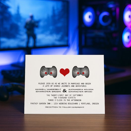 Red Cute Gamer Wedding Invite Kaart