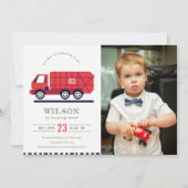 Red Cute Garbage Truck Kinder Foto Birthday Invite Bedankkaart (Voorkant)