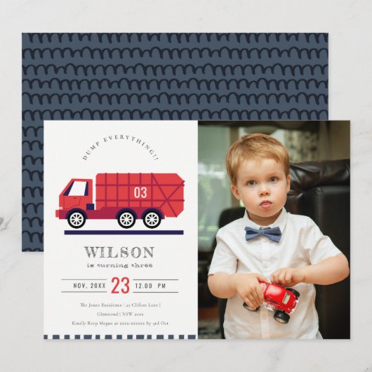 Red Cute Garbage Truck Kinder Foto Birthday Invite Bedankkaart (Voorkant / Achterkant)